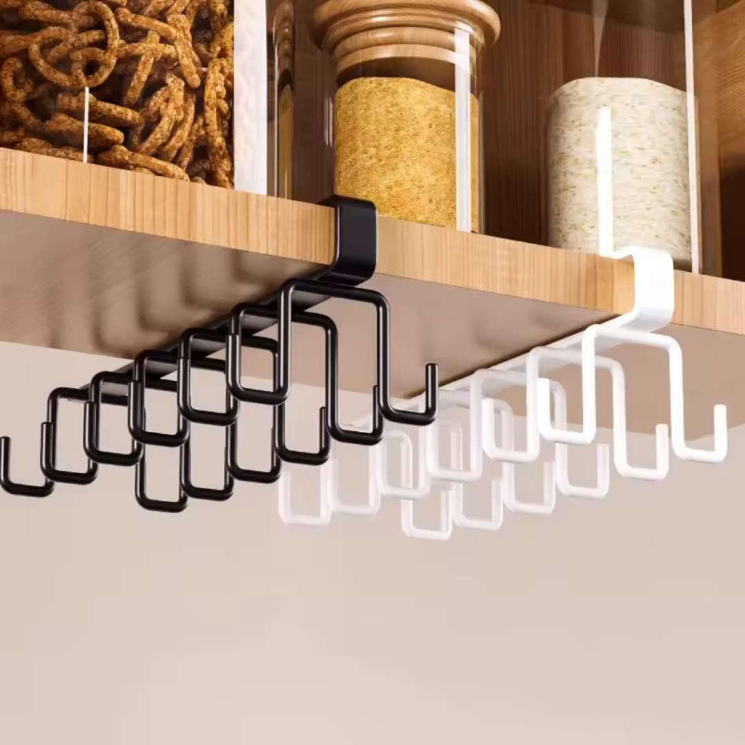 Punch-Free Double Row Kitchen Hooks | Under Cabinet Cup Holder Rack