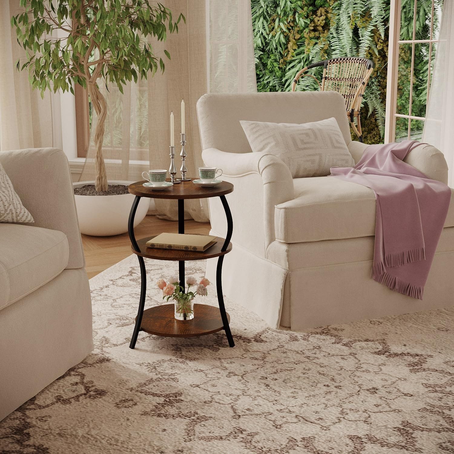 3-Tier Round Side Table with Storage, Sofa Snack Table - Image 5