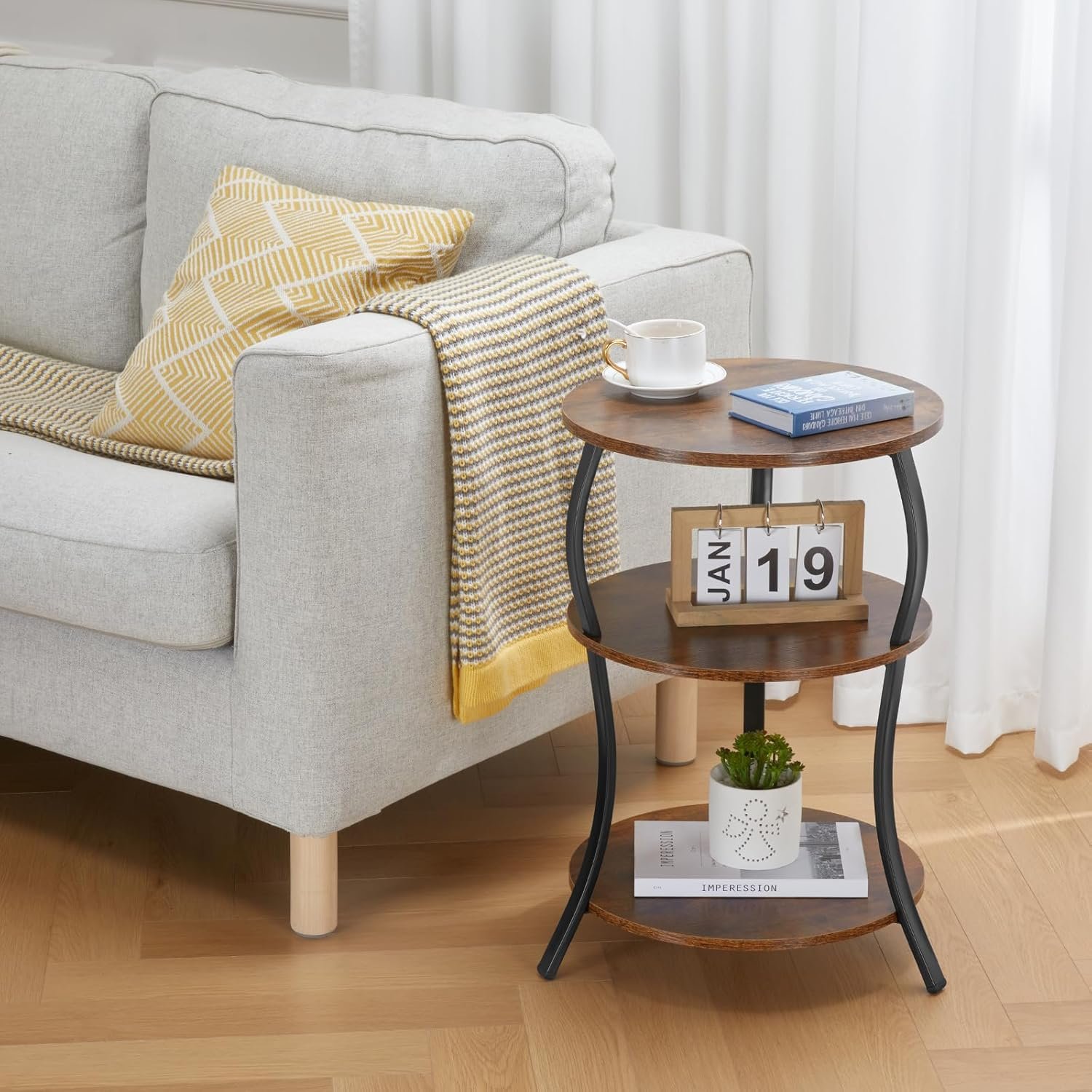 3-Tier Round Side Table with Storage, Sofa Snack Table