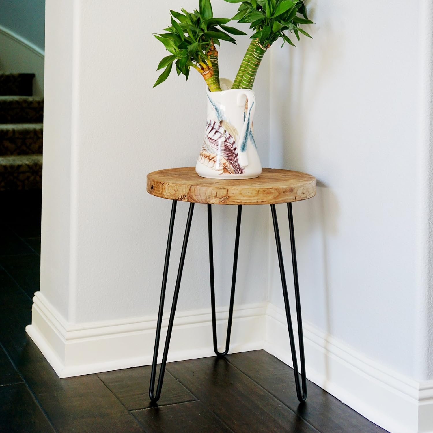 Wood Round End Table 3-Leg Metal Stand