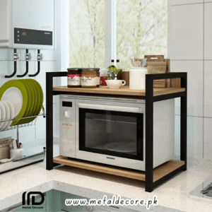 Microwave Stand | Kitchen Platform Oven Stand Rack | Toaster Organizer with Storage Shelf (Wood & Metal)